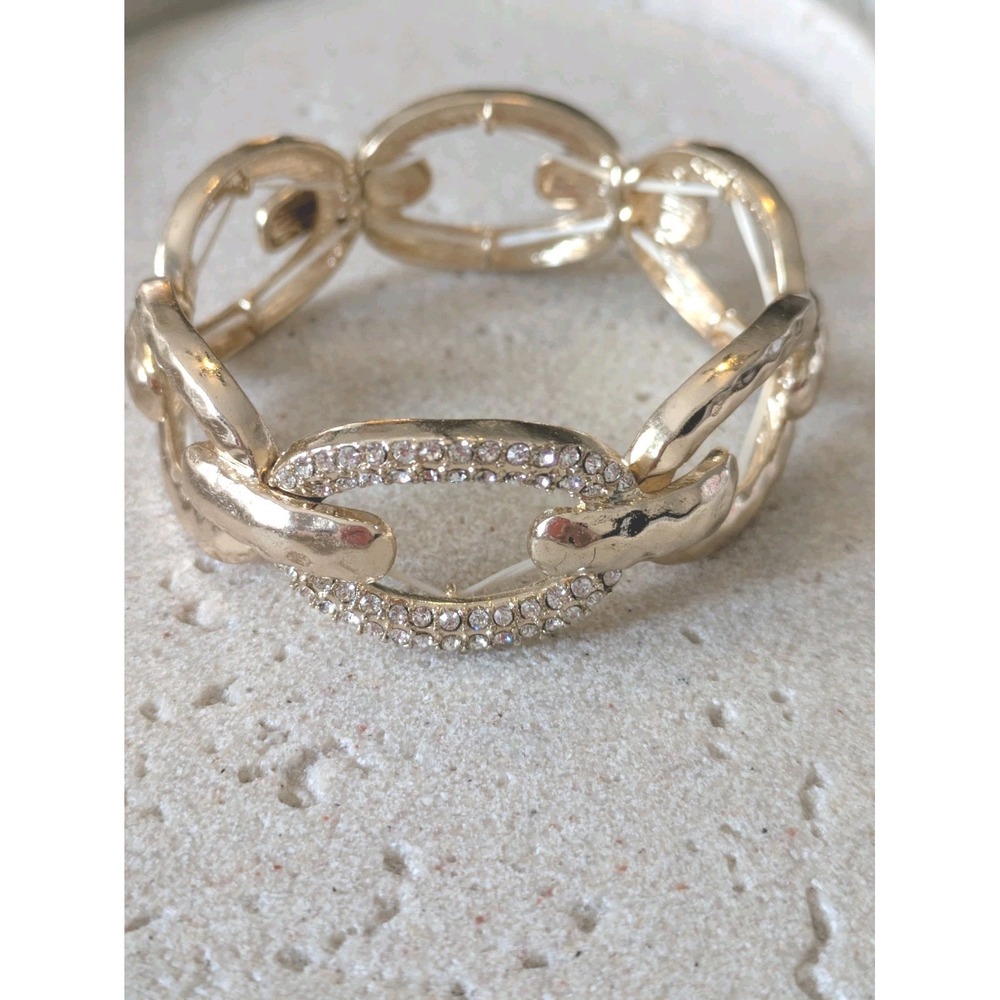 Gold Tone Stretch Bracelet With Oval Links Rhinestone Accent Classic Statement